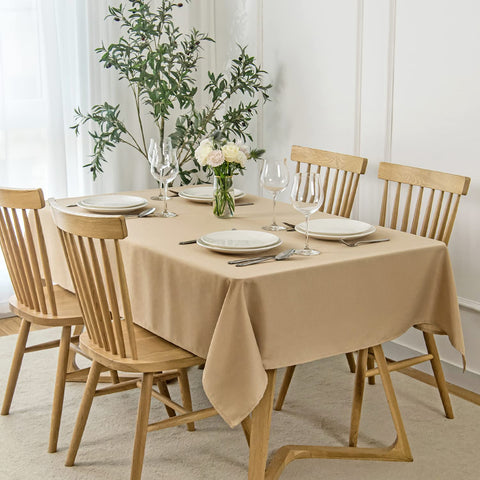 Maxmill beige faux linen tablecloth for refined dining room settings.