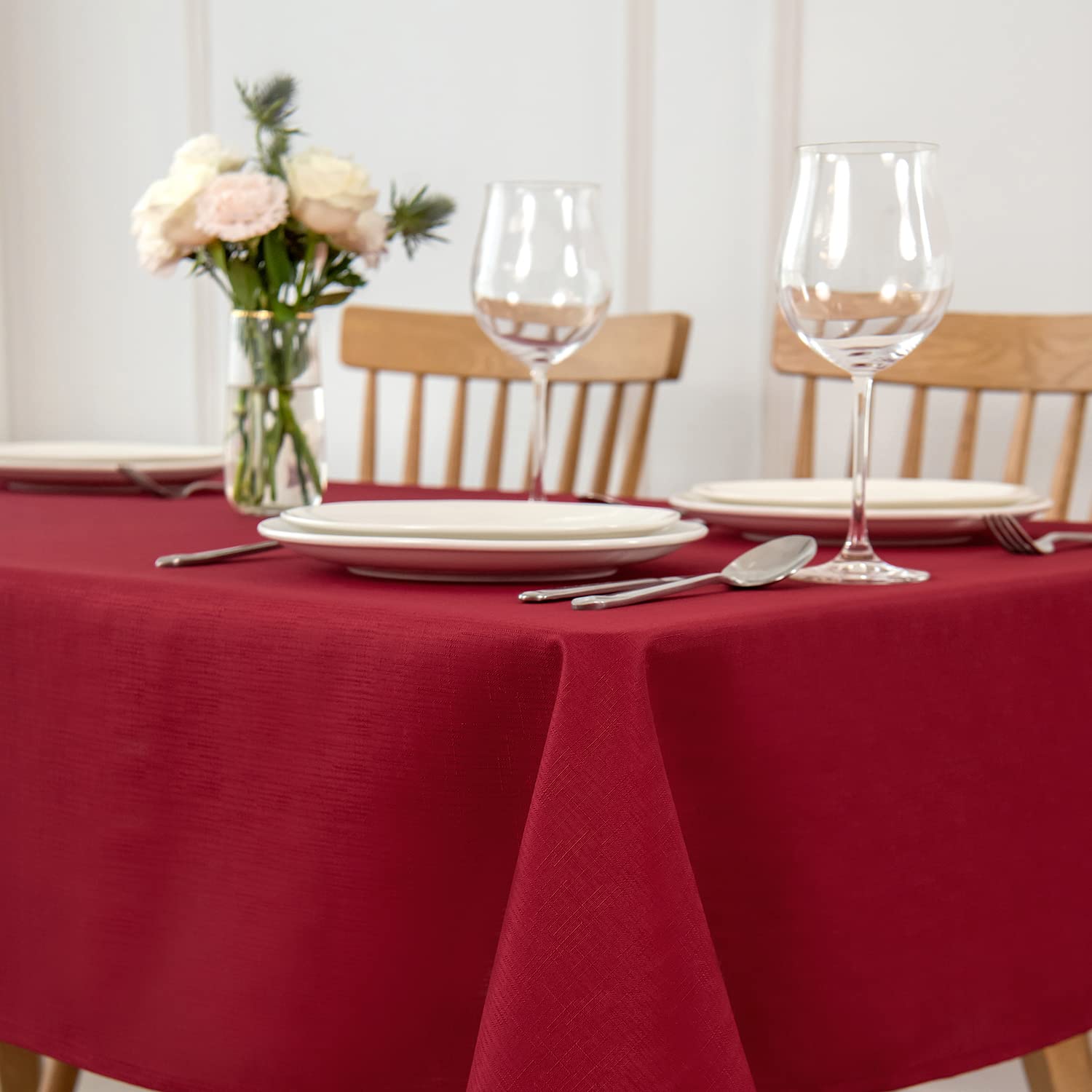 maxmill rectangle tablecloth spillproof demonstrates easy cleanup after casual meals.