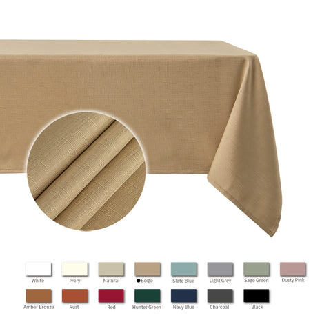Indoor and outdoor dining with a beige Maxmill faux linen tablecloth.