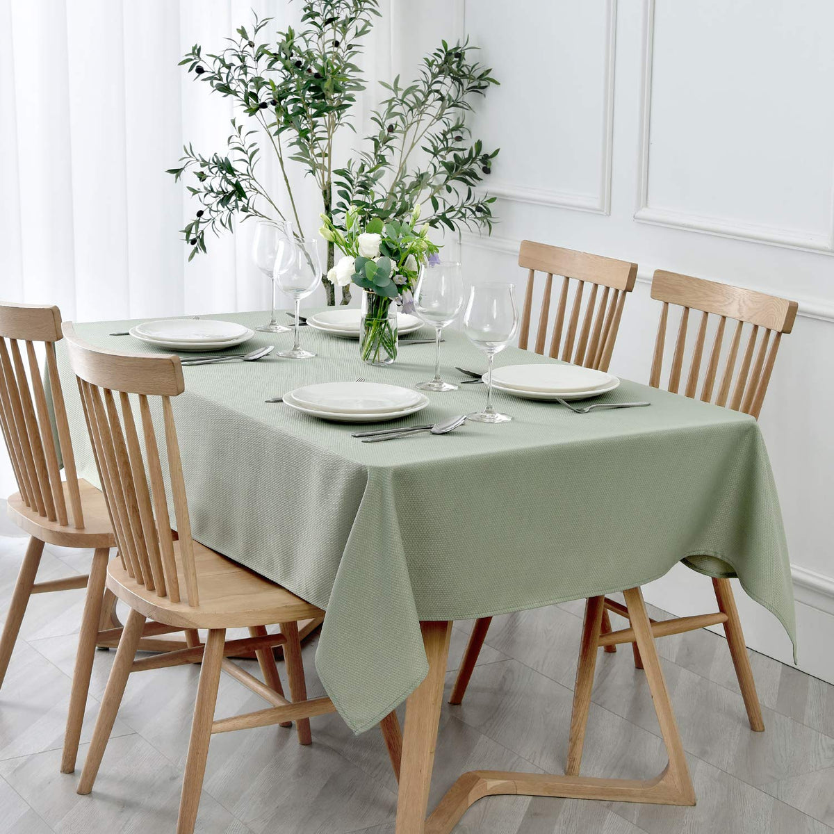 maxmill textured rectangle tablecloth sage green 60x84; durable jacquard for everyday dining