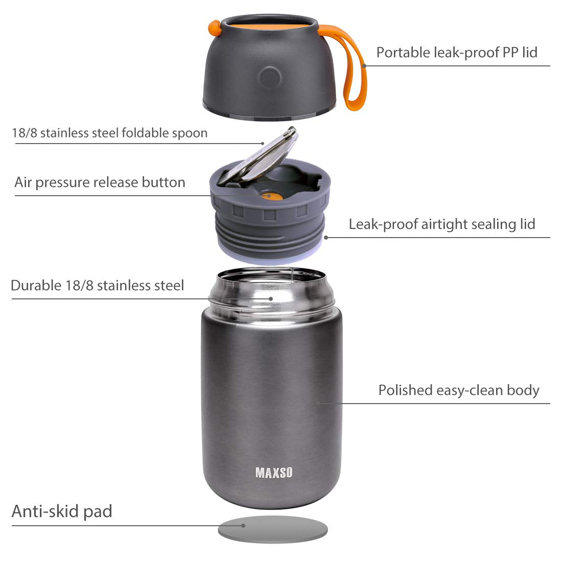 Leak-proof lid on MAXSO thermos prevents bag spills.