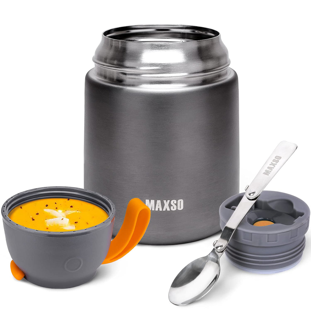 MAXSO Soup Thermo jar with spoon keeps meals ready on the go.