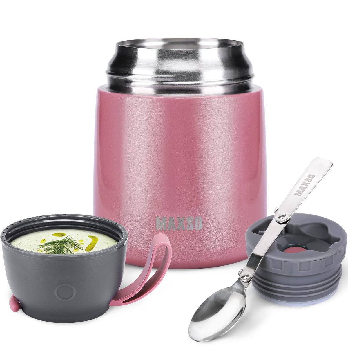 MAXSO Soup Thermo pink lid close-up showing stylish design and safe stainless interior for school lunches.