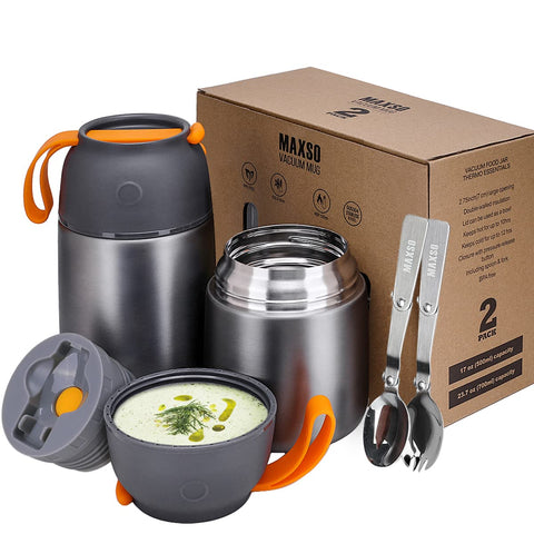 MAXSO 24-oz grey soup thermos keeps meals hot on the go.