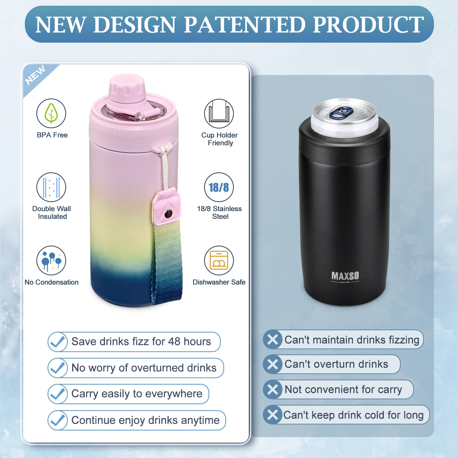 MAXSO thermal bottle mode maintains cold beverages for longer adventures