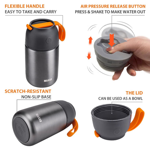 Vacuum insulation preserves hot or cold foods for hours.