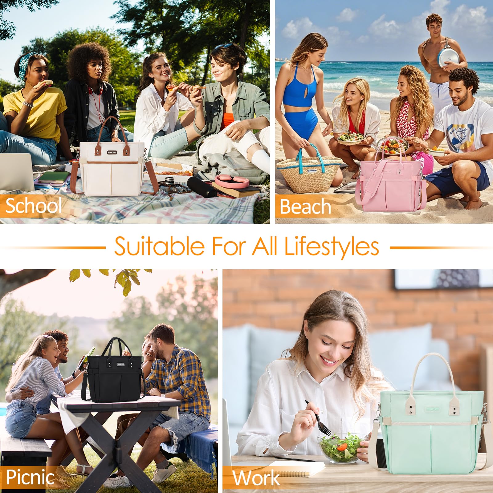 MAXTOP insulated lunch bag shows large capacity for multiple meals and snacks.