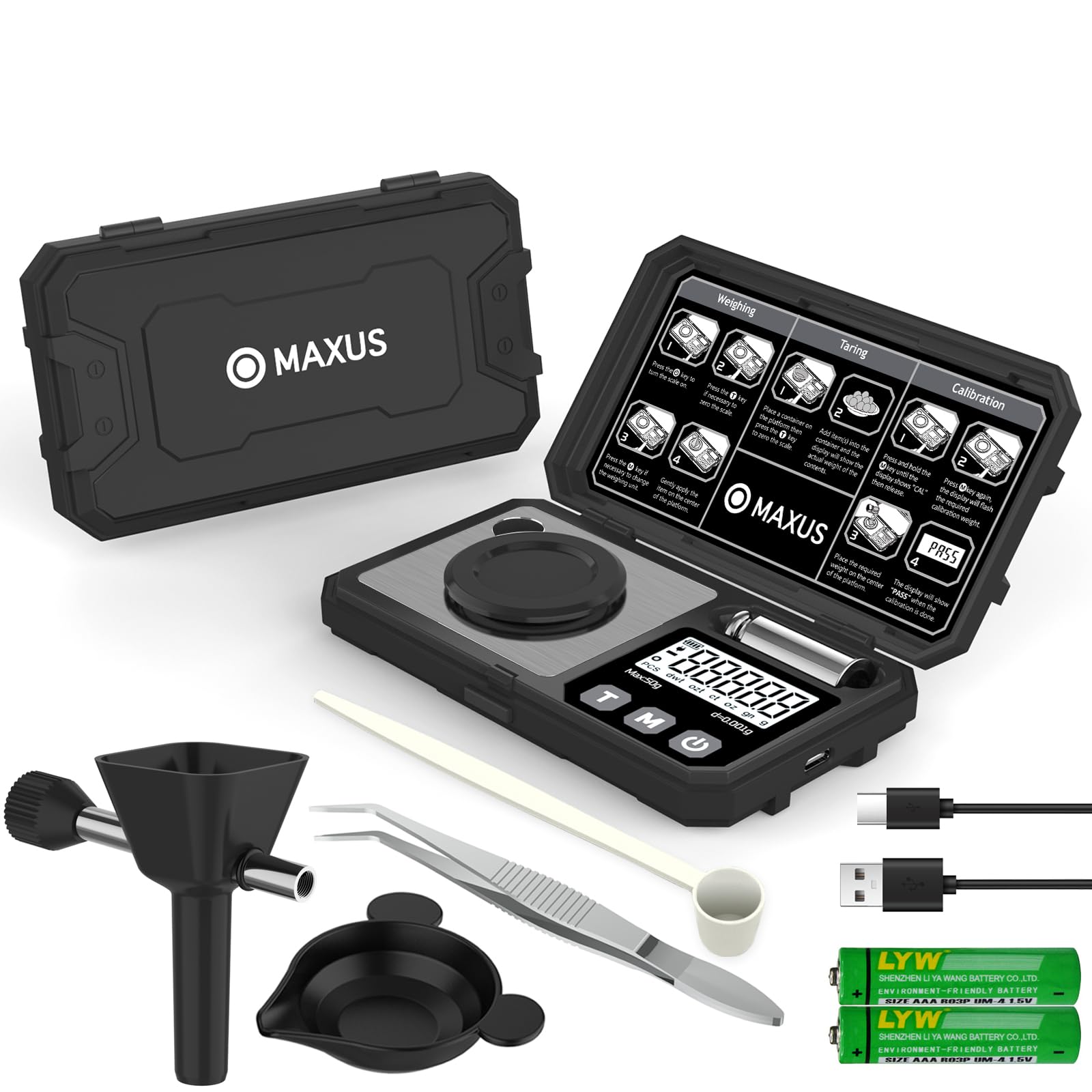 MAXUS calibration weight included for quick accuracy checks.