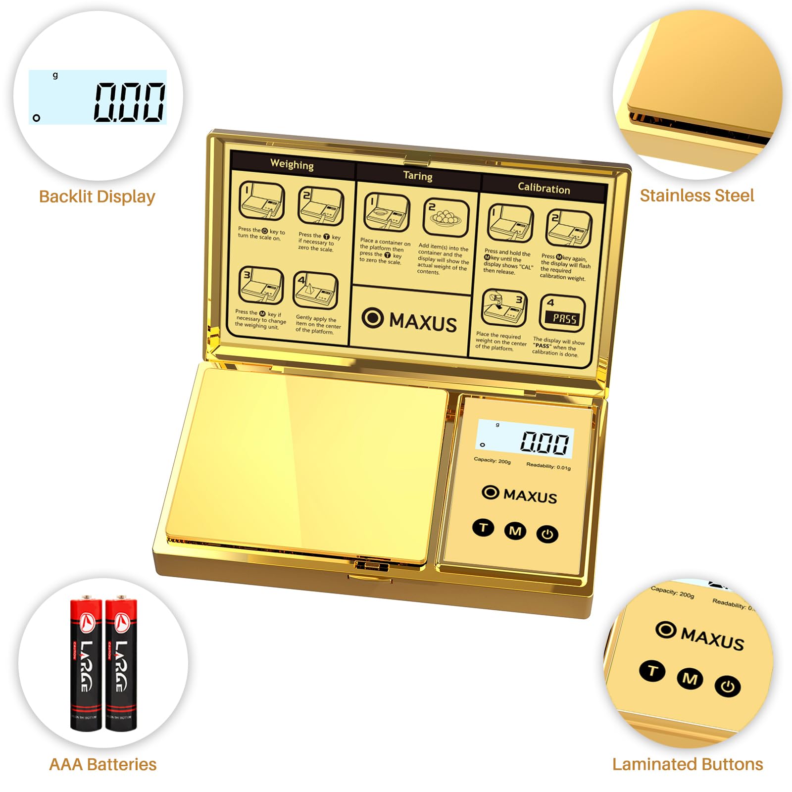 MAXUS scale platform detail with gold finish ensures stable measurements