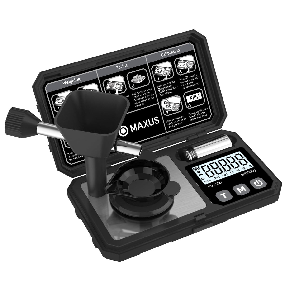 MAXUS digital milligram scale shows 50 g capacity with 0.001 g precision for powders.