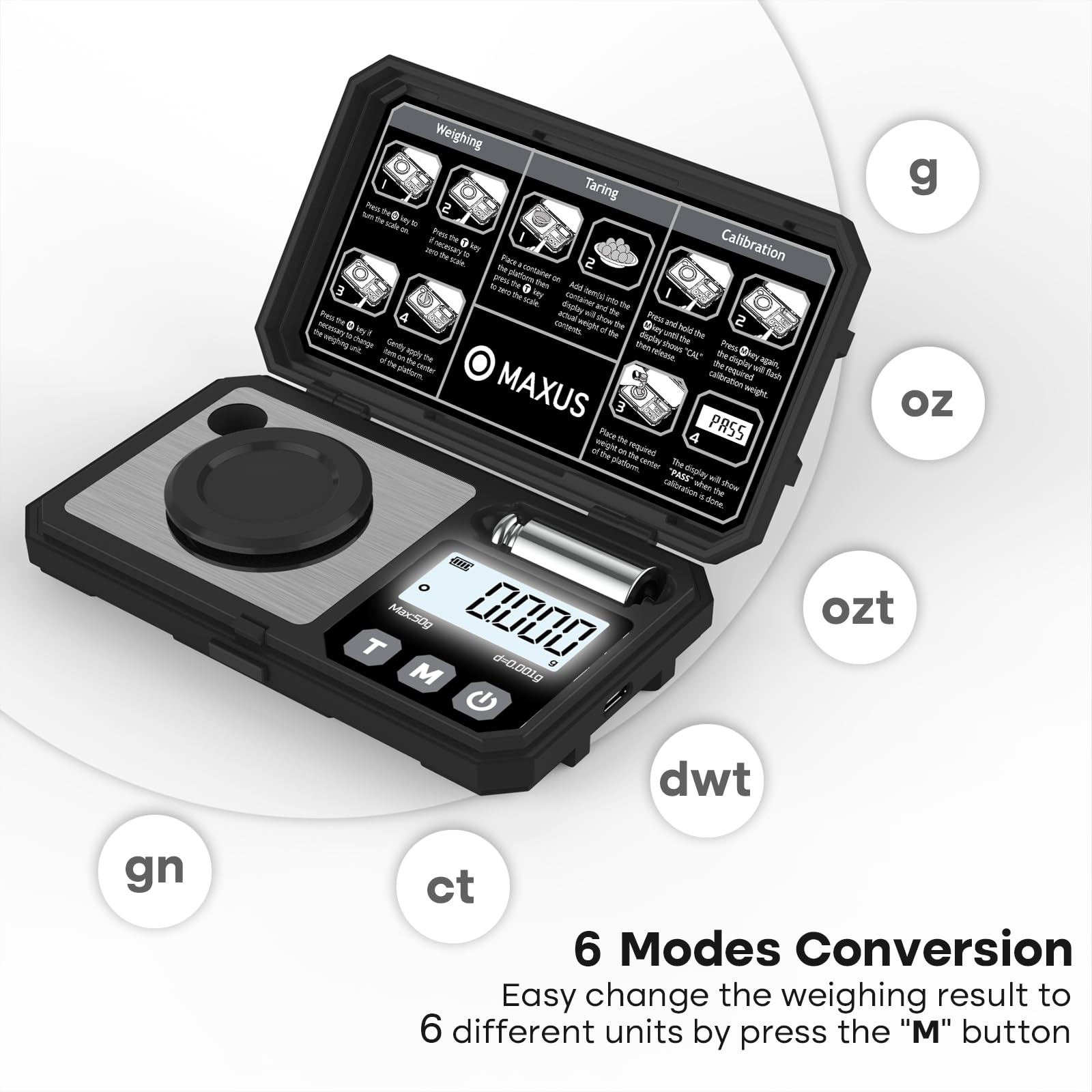 MAXUS scale offers g, oz, ozt, dwt, ct, and gn units for flexible measurements.