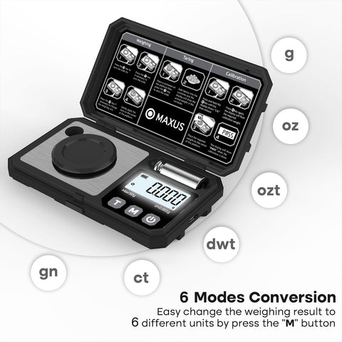 MAXUS scale offers g, oz, ozt, dwt, ct, and gn units for flexible measurements.
