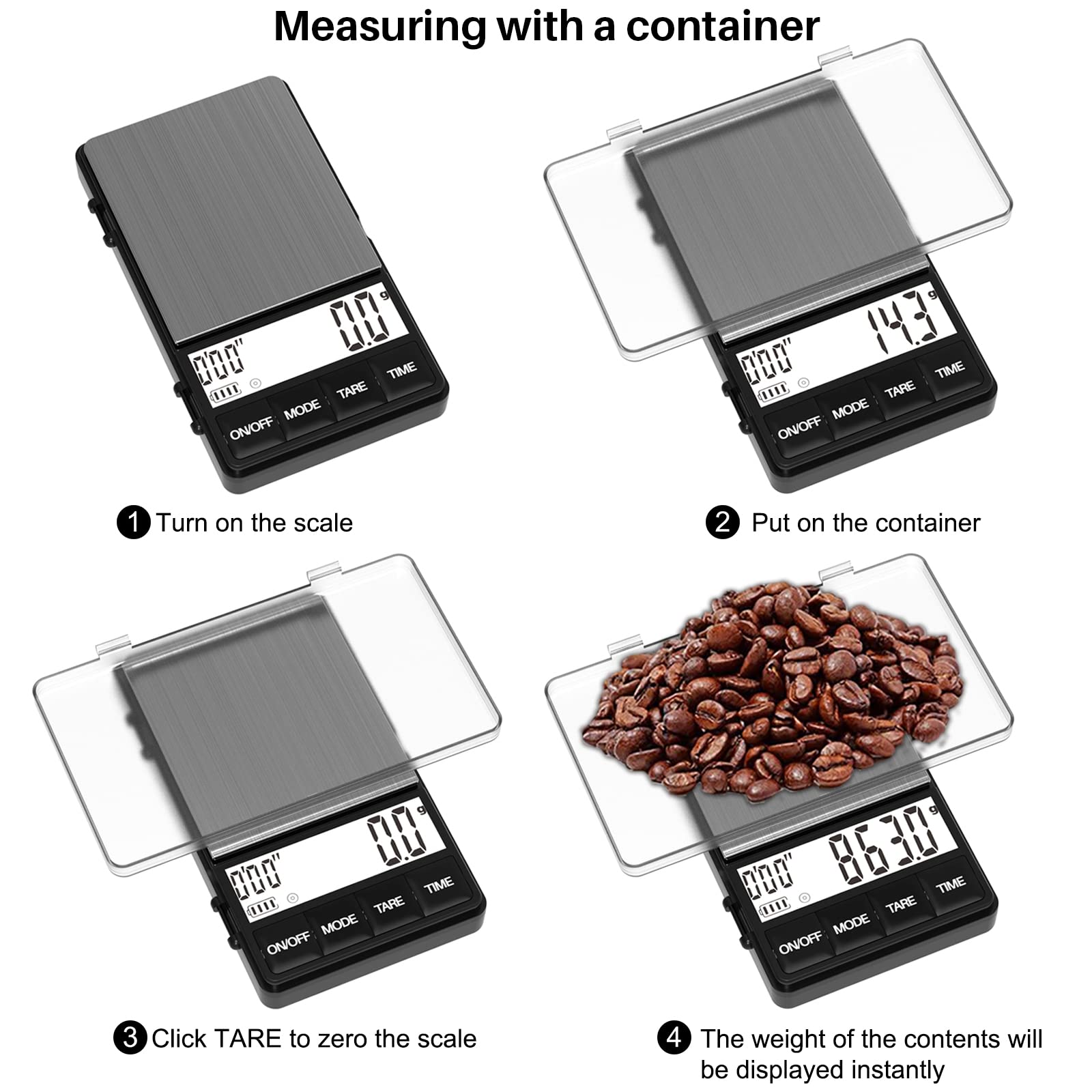 MAXUS Espresso Scale in-use on drip coffee setup with timer.