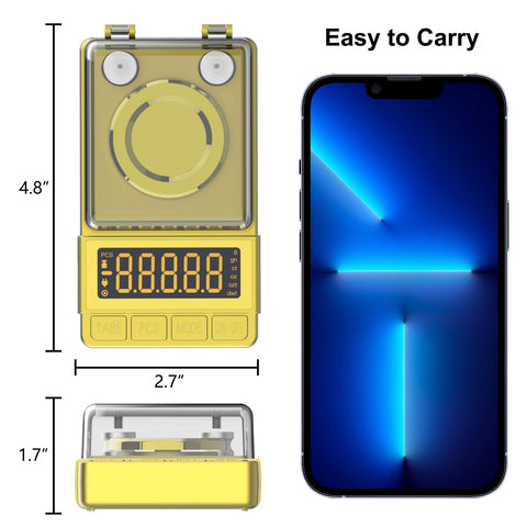 MAXUS scale with included 20g calibration weight for accuracy checks.