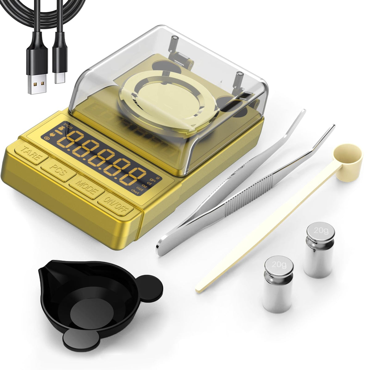 MAXUS Gold Milligram Scale shows 100g capacity with 0.001g precision.