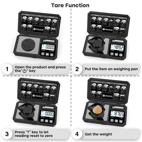 MAXUS scale demonstrates tare function for quick net weight readings.