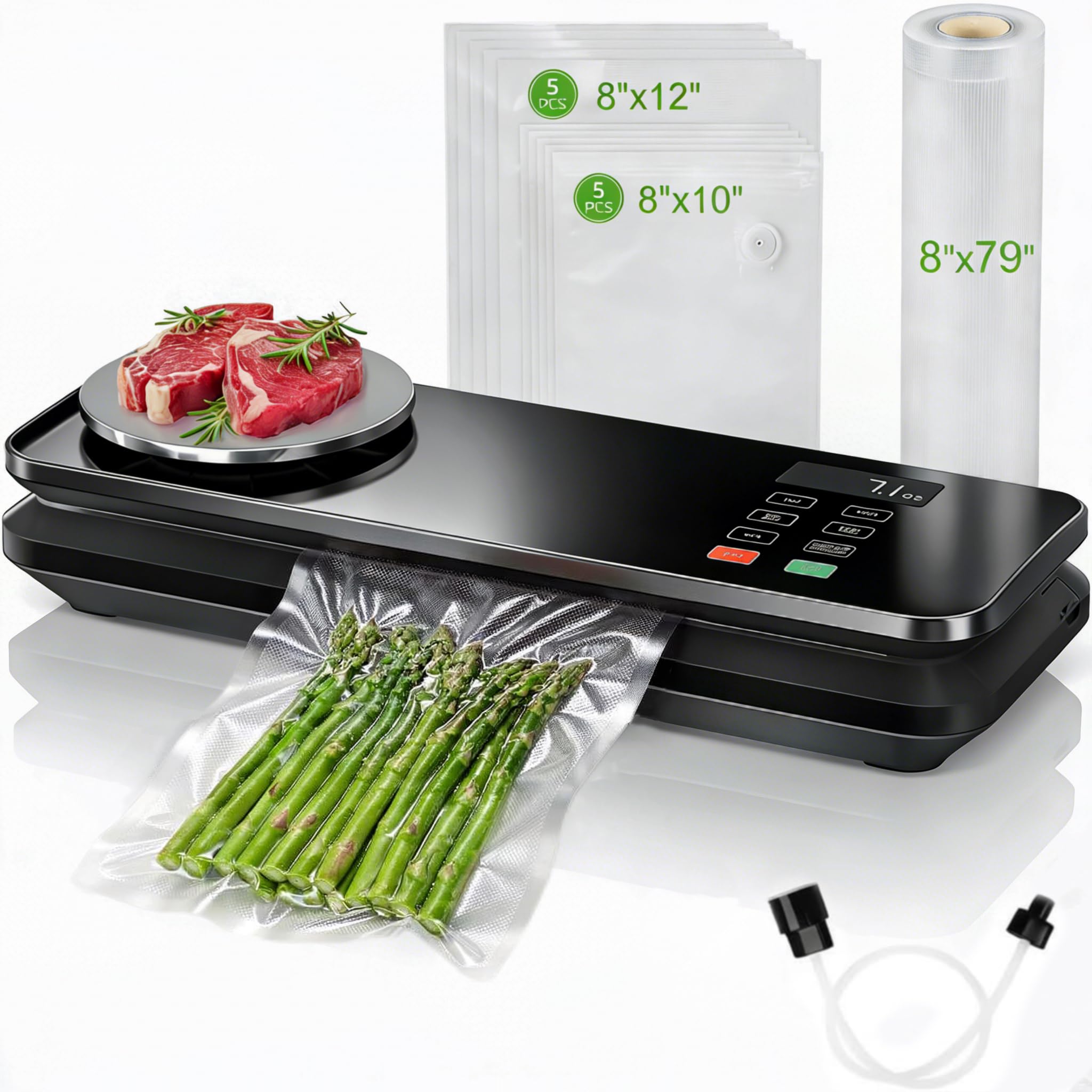 MAXVINI food vacuum sealer with built-in scale shows precise weight during sealing.