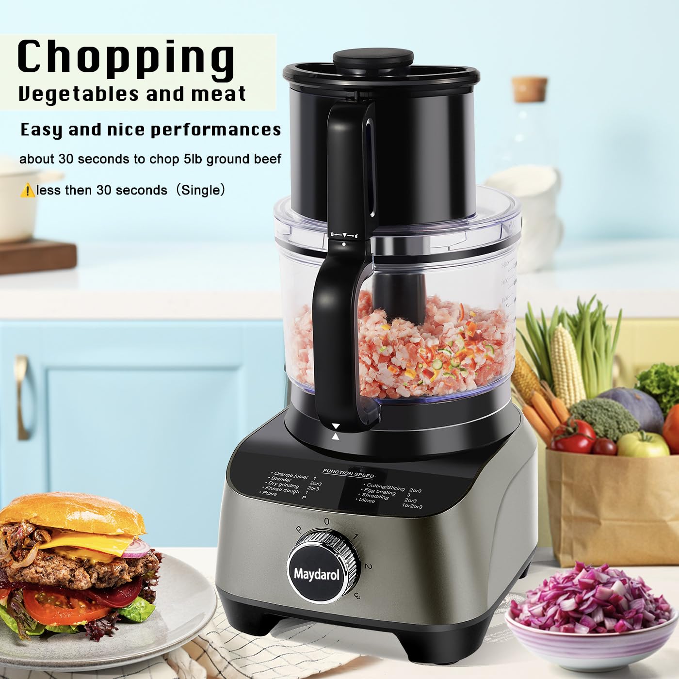 Maydarol meat grinding action to speed up meals.