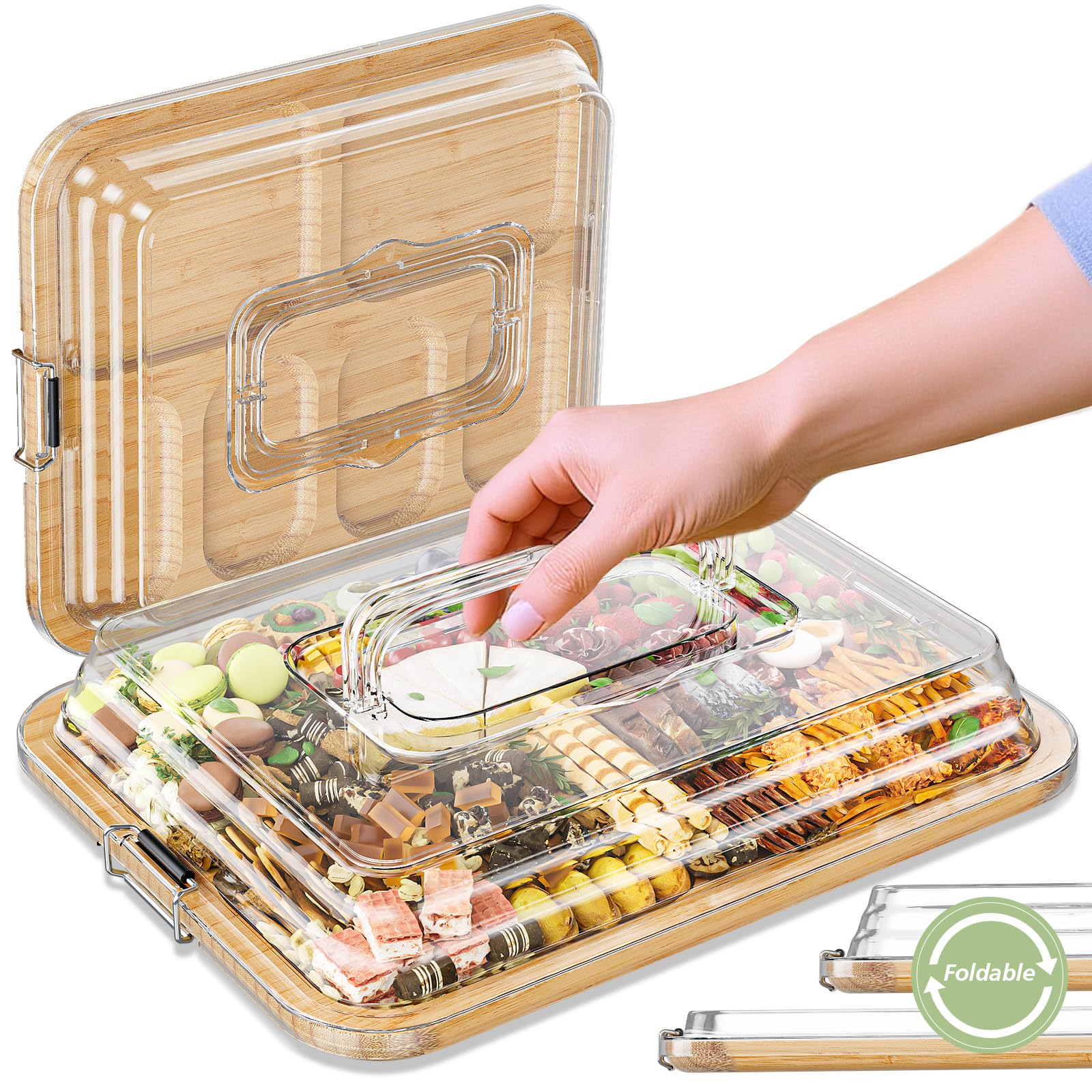 MAYELM foldable lid on charcuterie board enabling compact storage and display