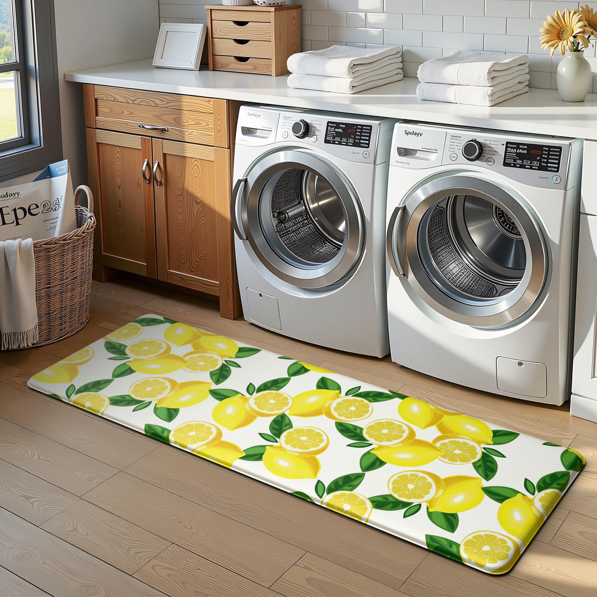 MAYHMYO lemon mats in sink area demonstrate anti-fatigue support