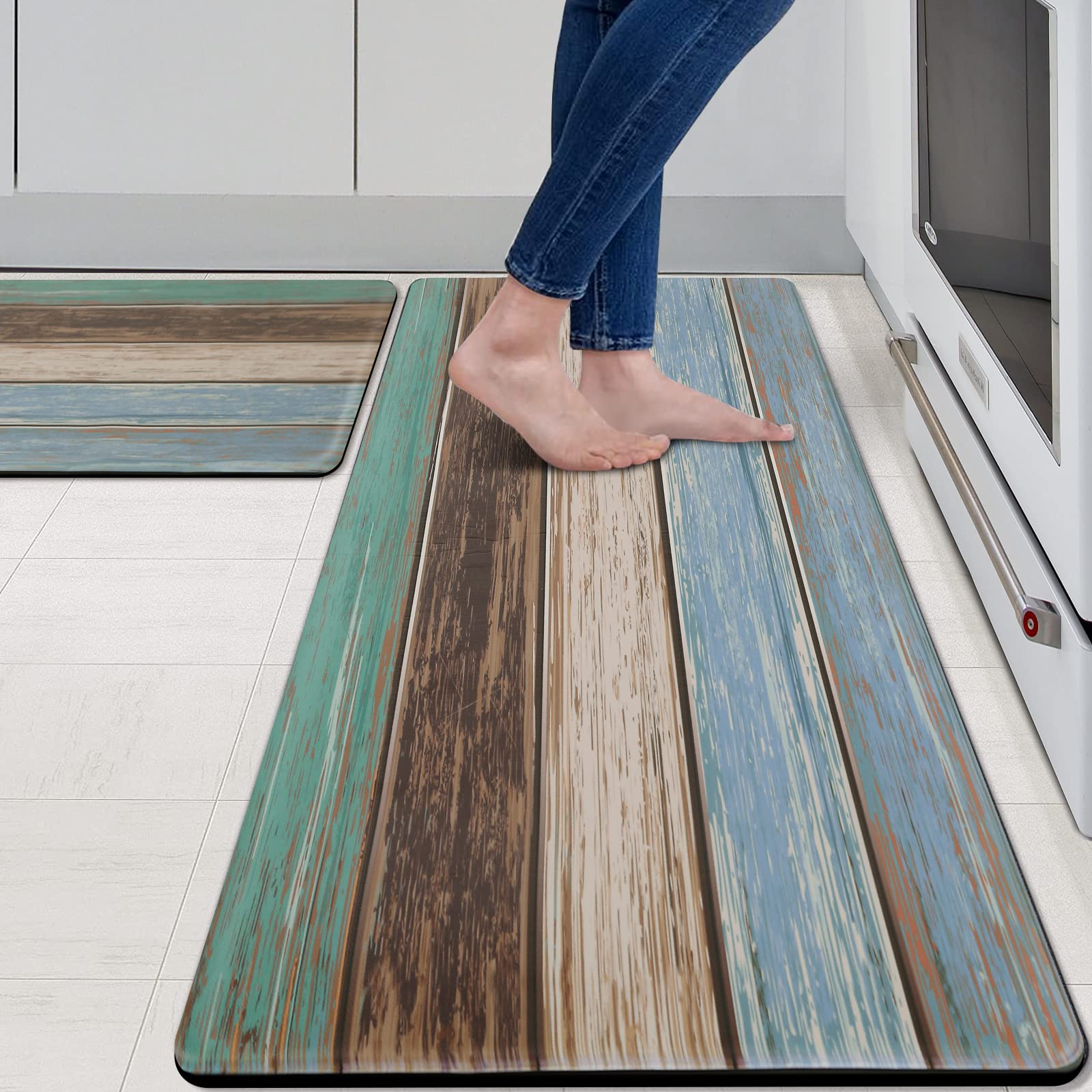 MAYHMYO Teal farmhouse anti-fatigue mat front view showing a comfortable standing surface.