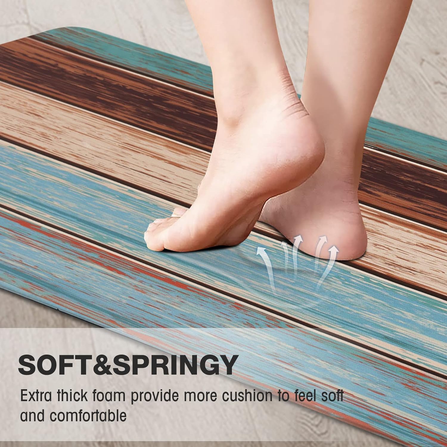 MAYHMYO Teal anti-fatigue mat with non-slip backing on tile floors.