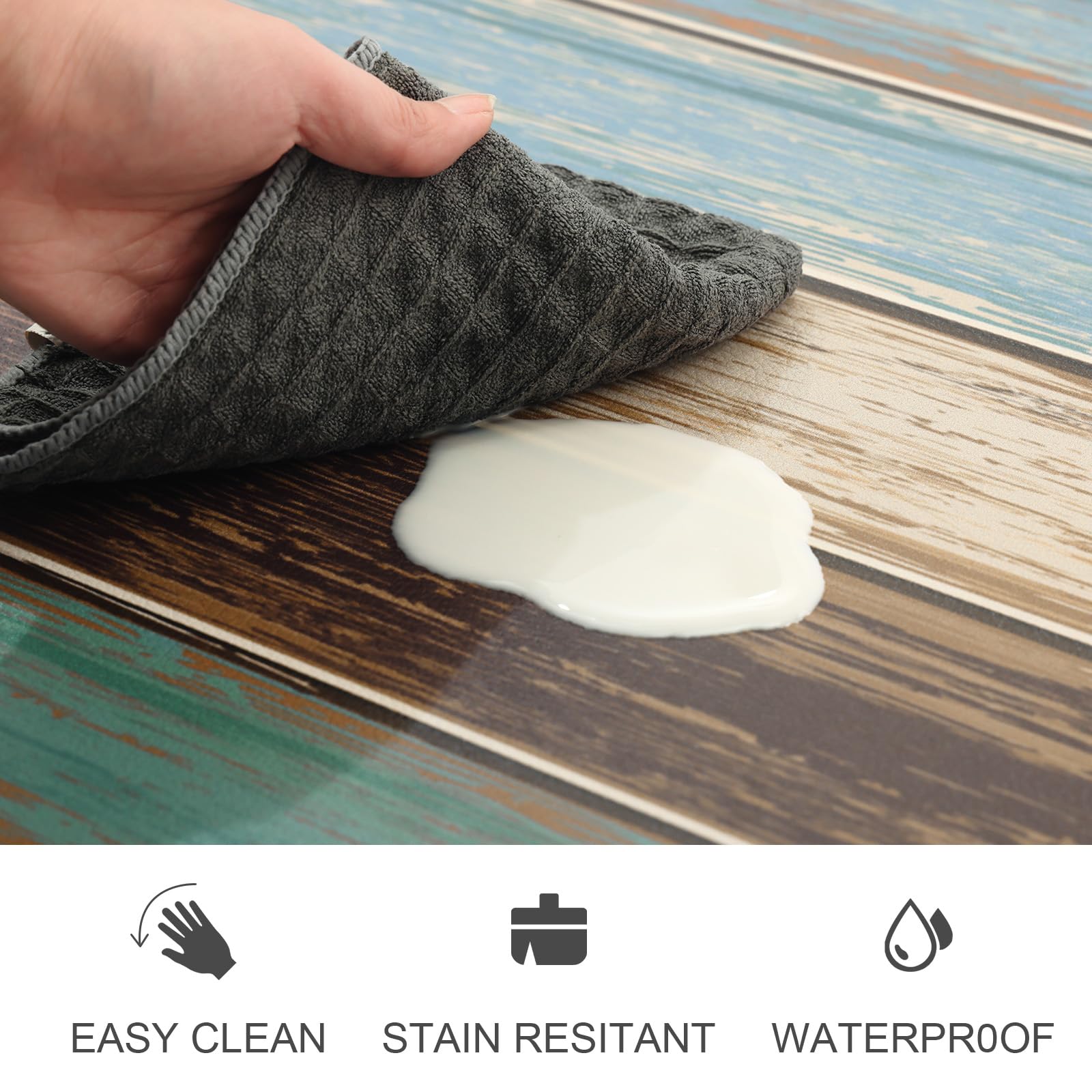 MAYHMYO Teal wood-texture PVC surface close-up highlights easy cleaning.