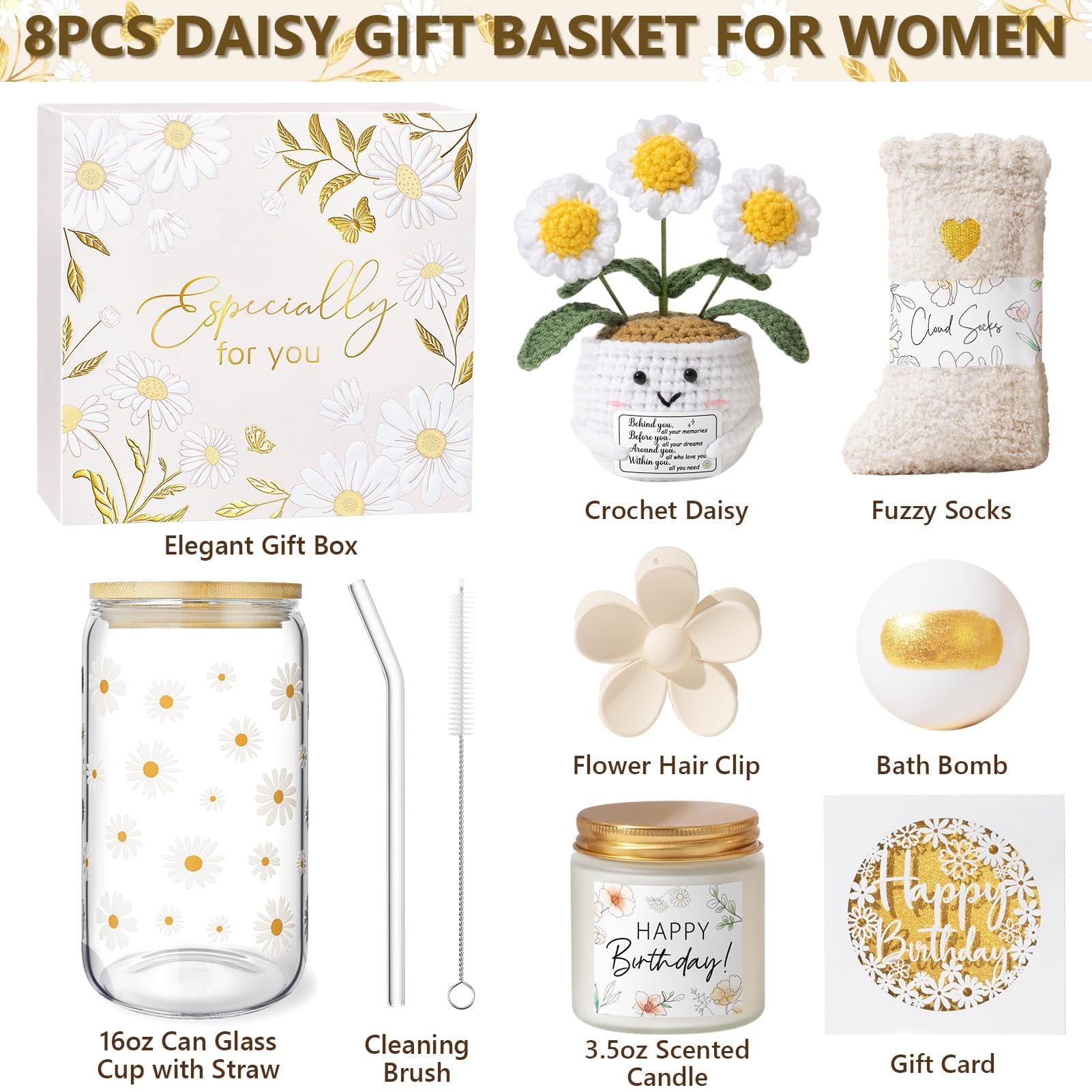 MAYICIVO 16oz Daisy Glass Cup—durable borosilicate with lid and straw.