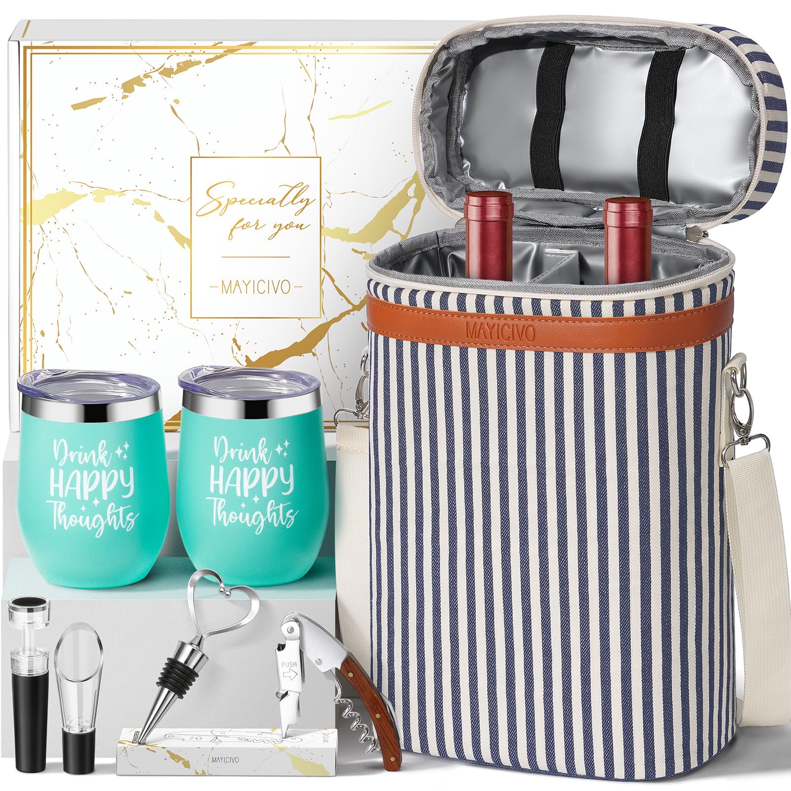 MAYICIVO insulated wine tote bag showing rugged exterior and organized interior for travel.