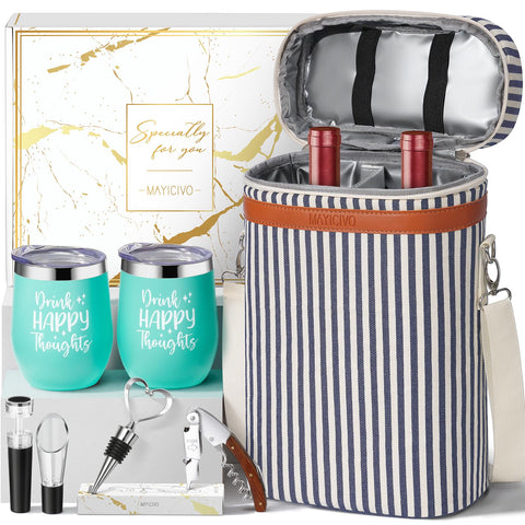 MAYICIVO insulated wine tote bag showing rugged exterior and organized interior for travel.