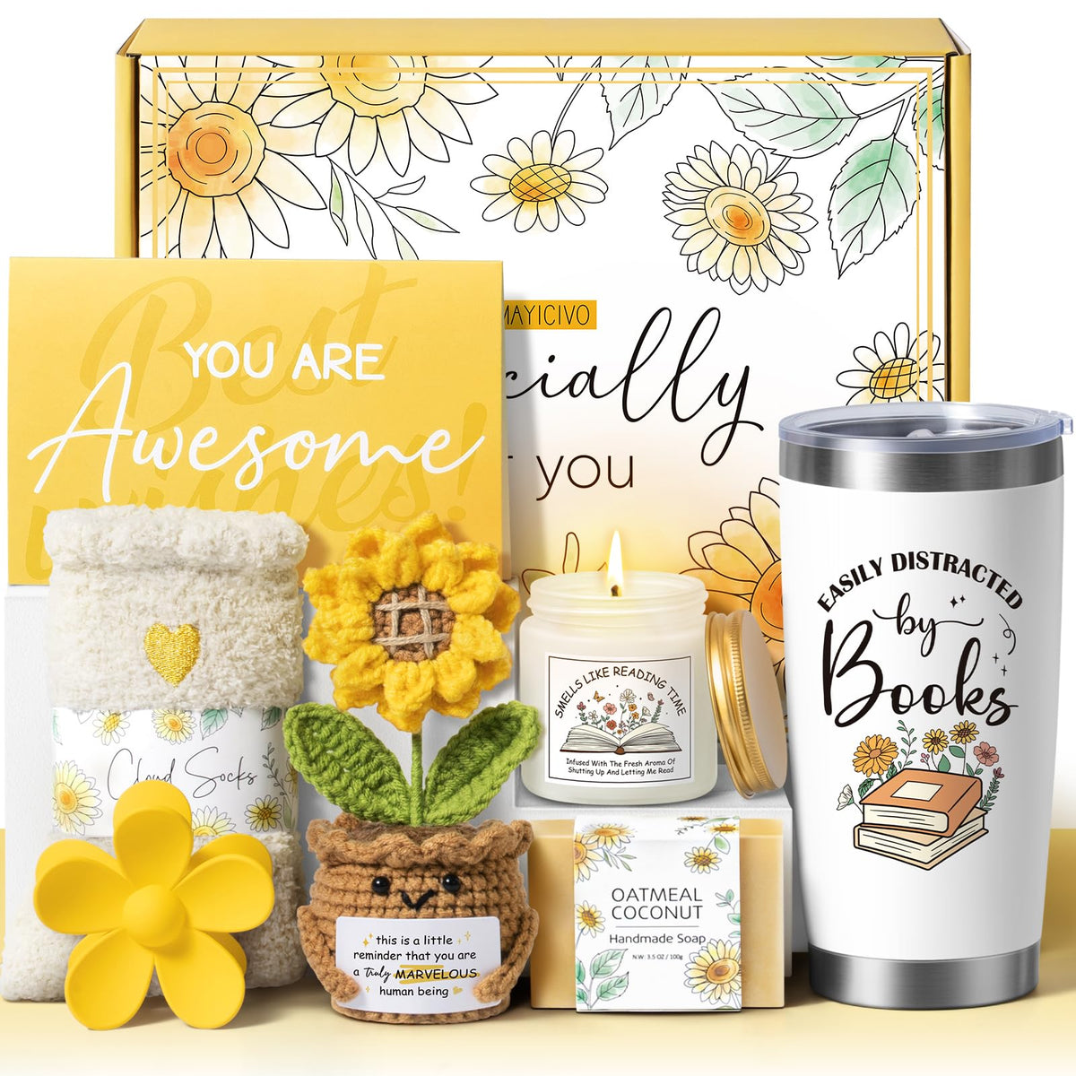 MAYICIVO sunflower crochet gift adds cozy charm to a living room reading nook