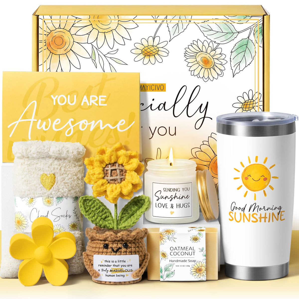 MAYICIVO crochet sunflower plush adds cheer and positivity to any space.