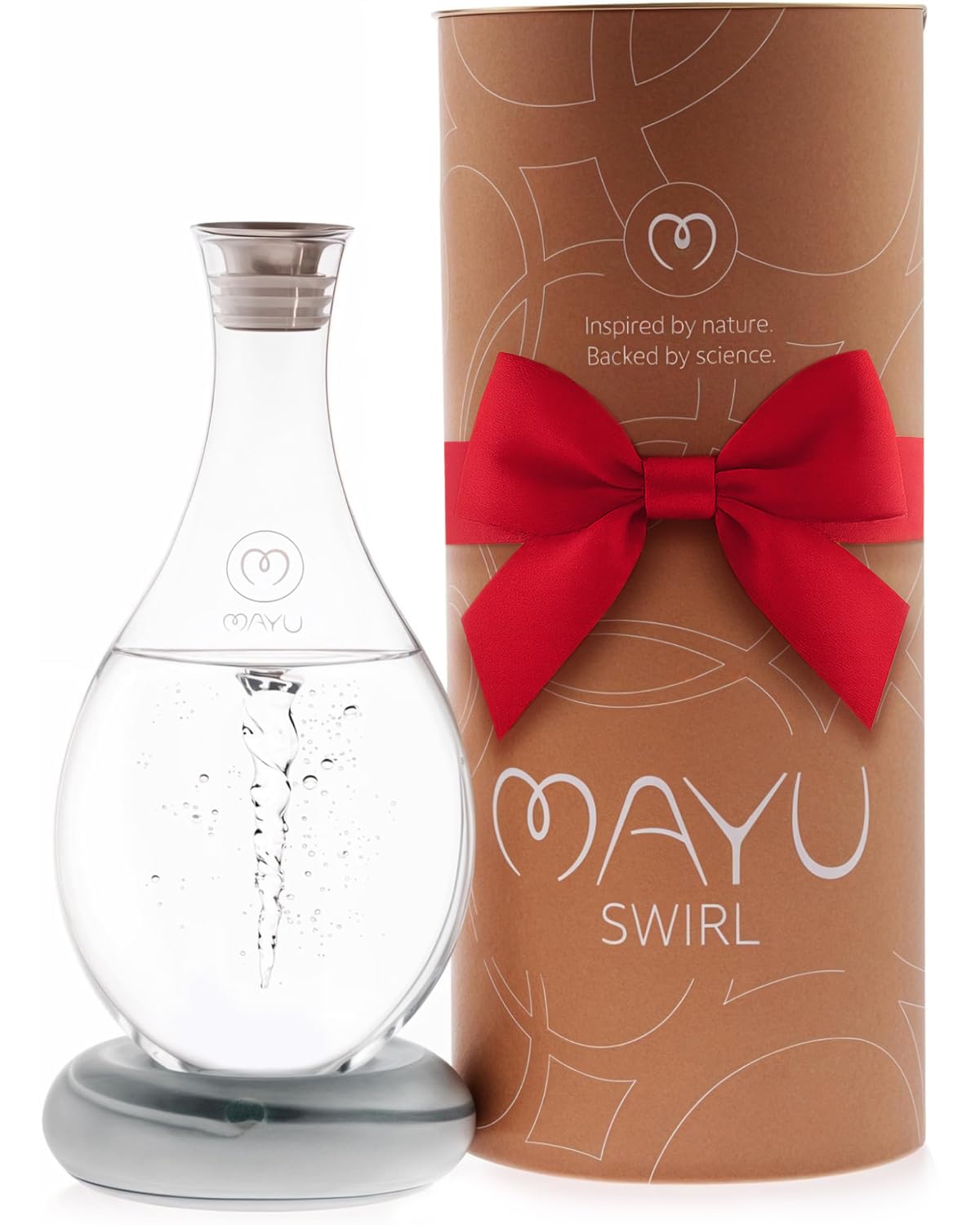 Mayu Swirl pitcher with 1.5L glass carafe for crisp structured water.