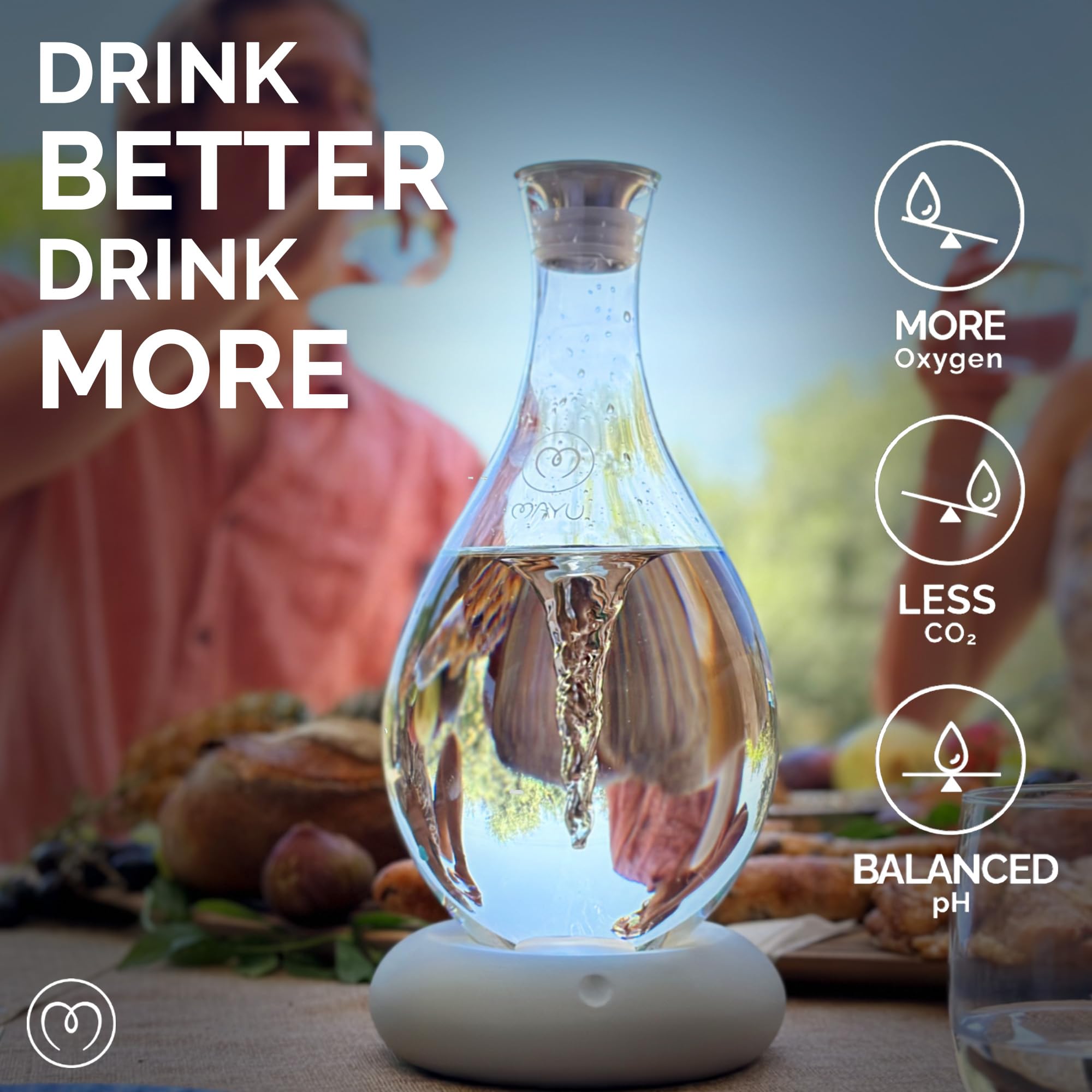 Crystal-clear glass carafe highlights plastic-free design and clean water tasting.
