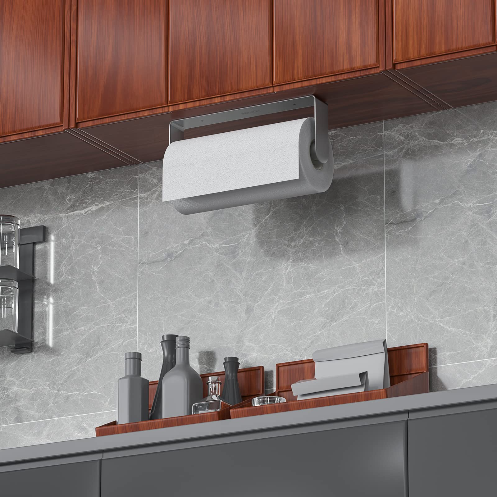 Mbillion multi-use paper towel holder for walls and doors keeps rolls ready.