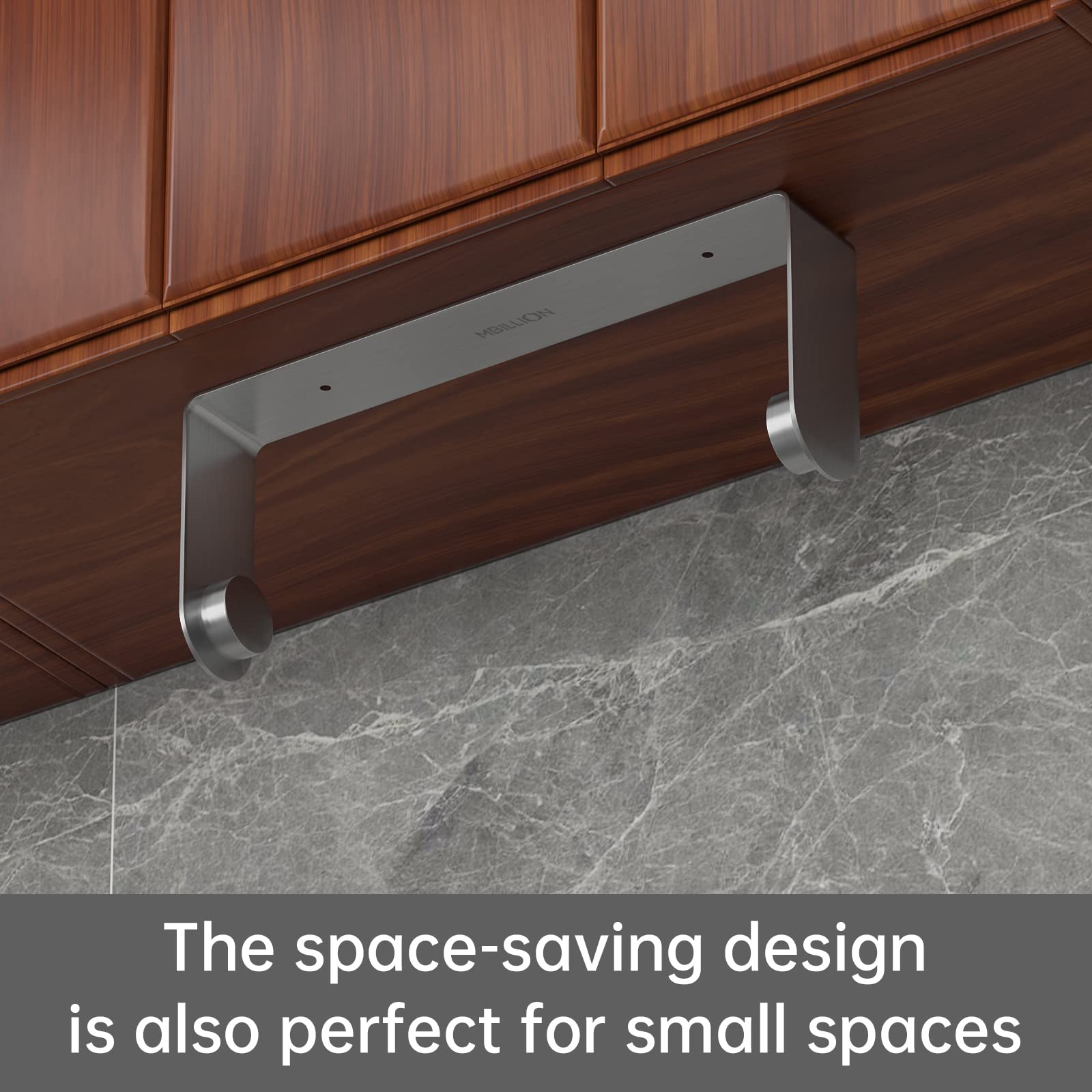 Mbillion self-adhesive paper towel dispenser in brushed silver sticks firmly for quick refills.