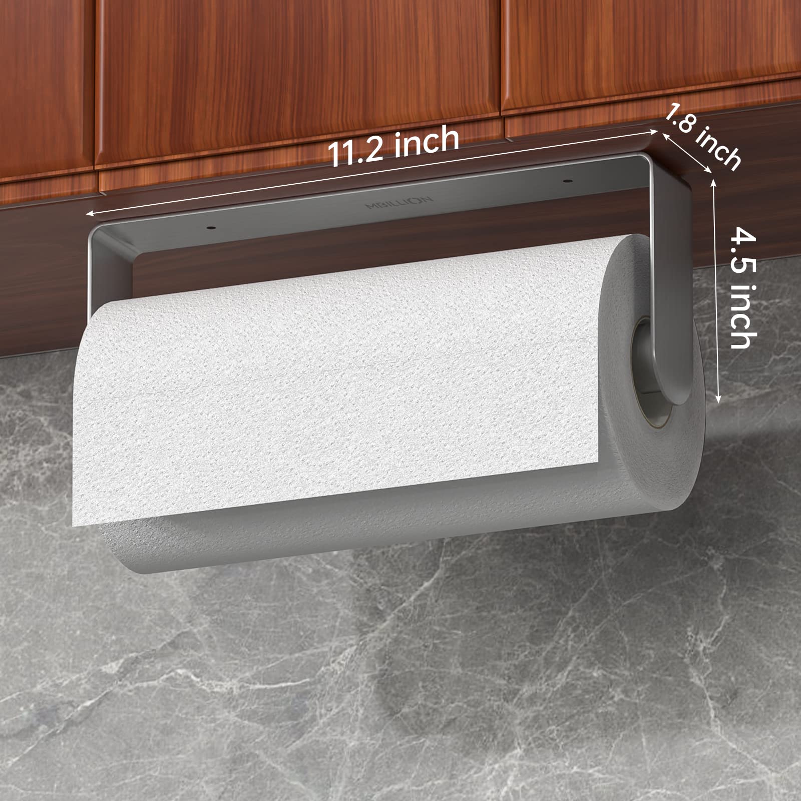 Mbillion wall-mount paper towel rack in brushed silver keeps towels tidy and within reach.