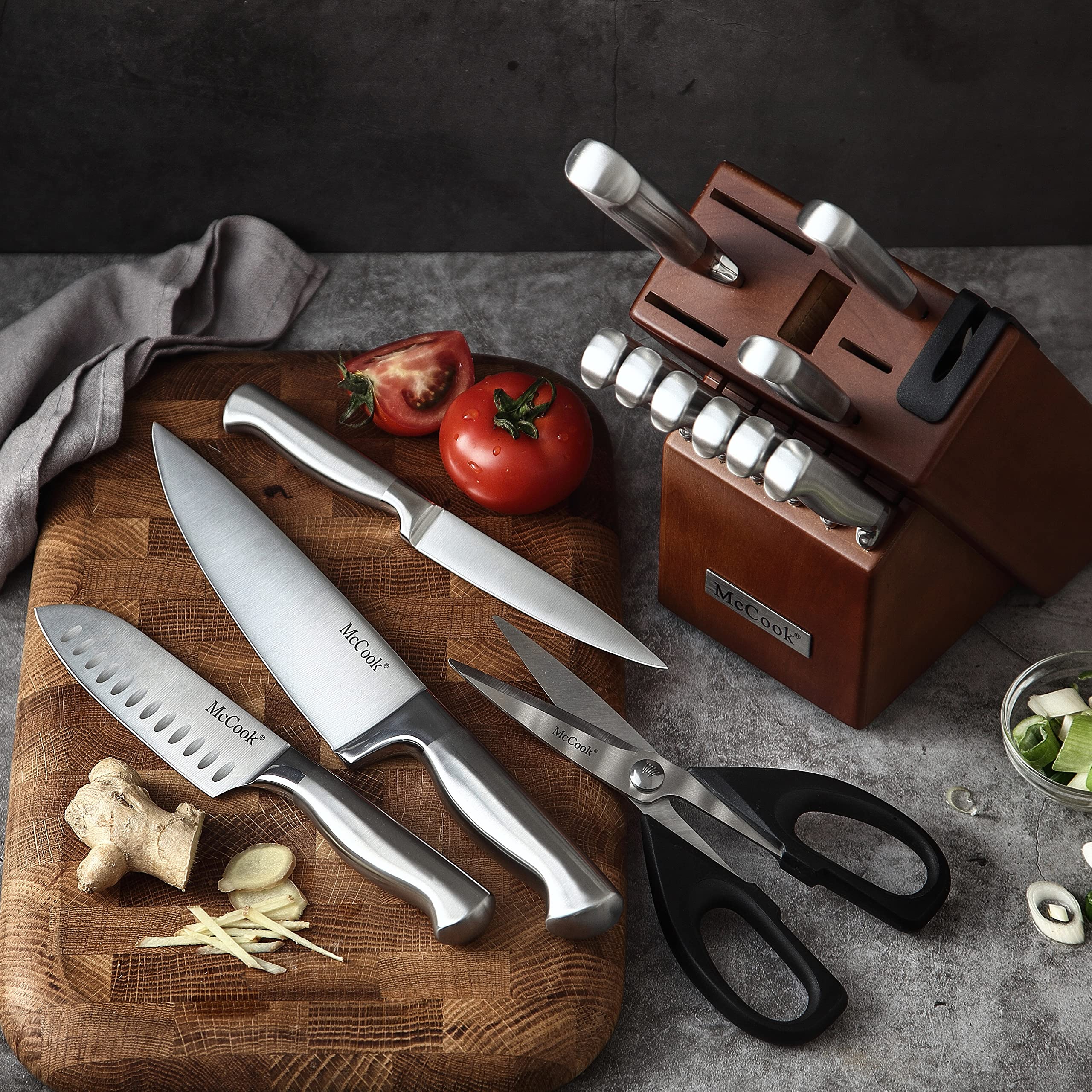 McCook 15-piece set includes chef, slicing, santoku, and more in block.
