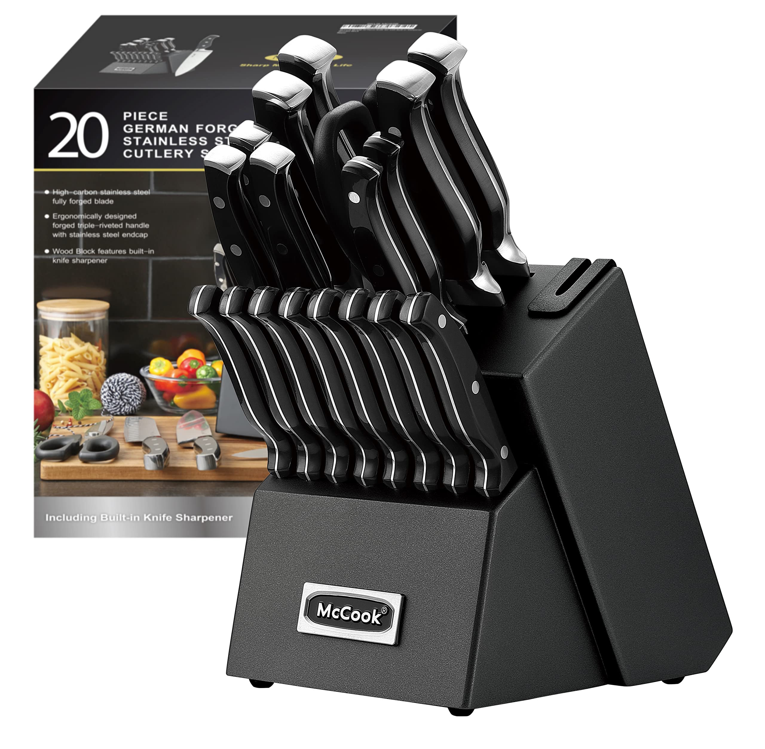 McCook black knife set in block with built-in sharpener for convenient edge maintenance.