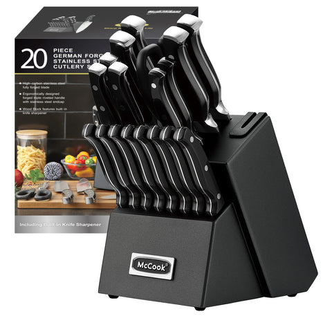 McCook black knife set in block with built-in sharpener for convenient edge maintenance.