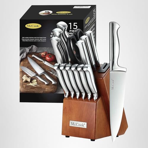 McCook wooden block with built-in sharpener supports space-saving storage.