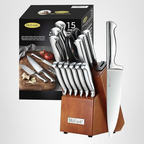 McCook wooden block with built-in sharpener supports space-saving storage.