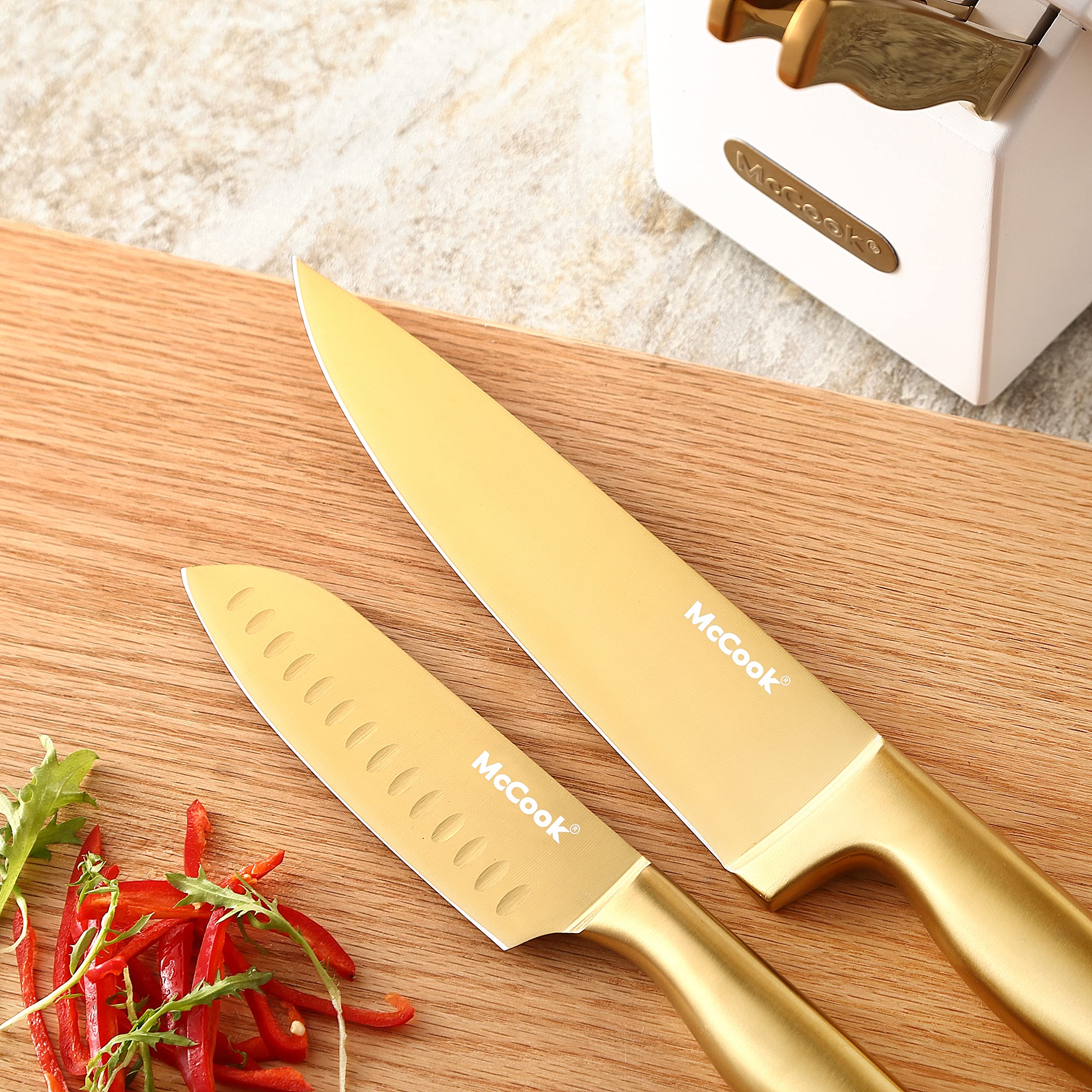 McCook ergonomic-handle knives, comfortable control during prep.