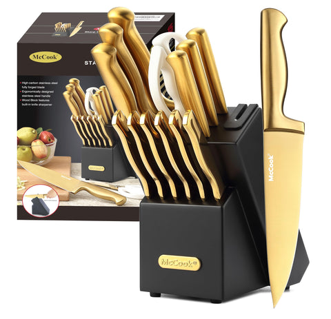 McCook golden titanium knife set with built-in sharpener for edge maintenance