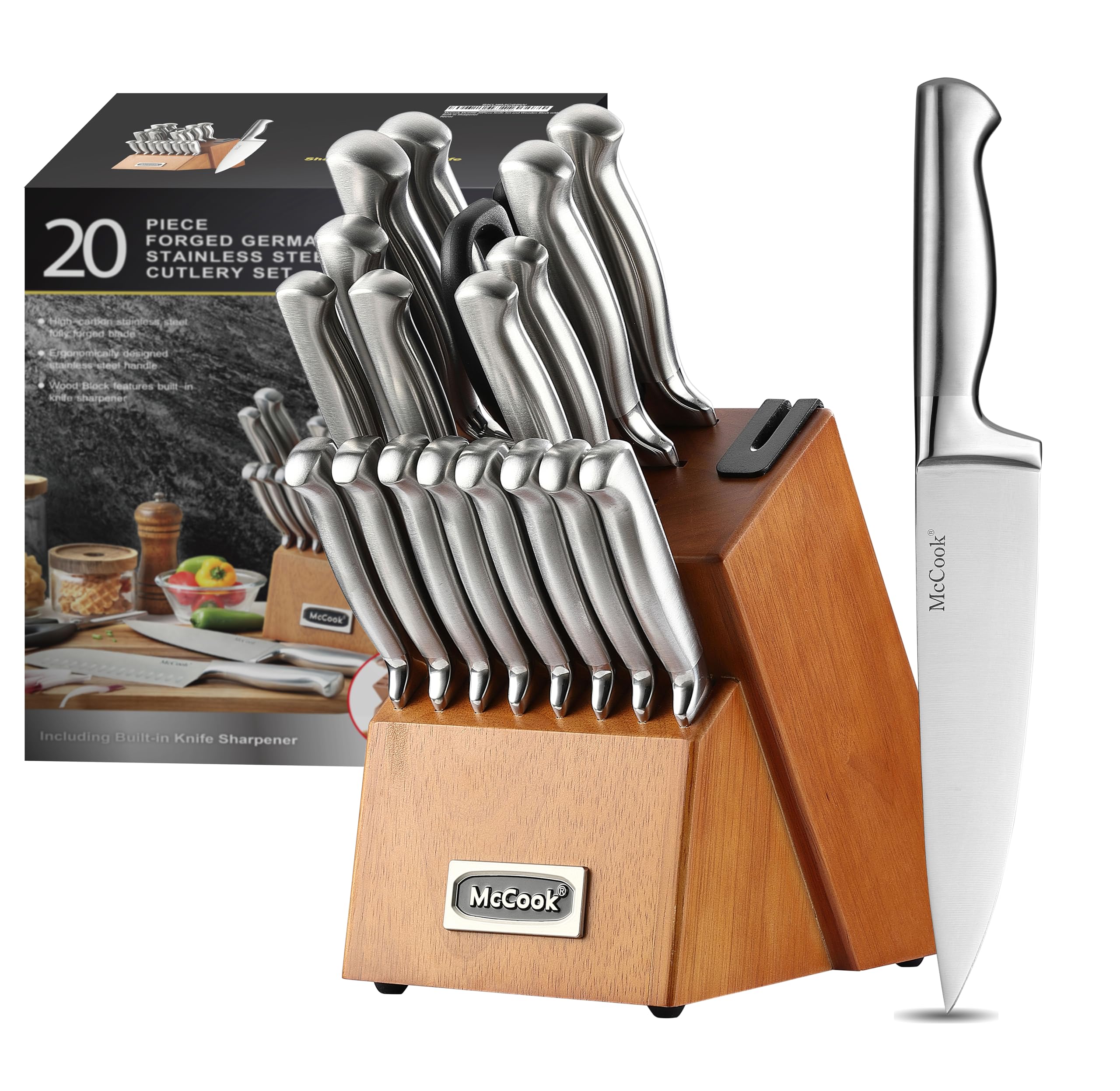 McCook 8-inch chef knife in hand for precise, comfortable slicing.