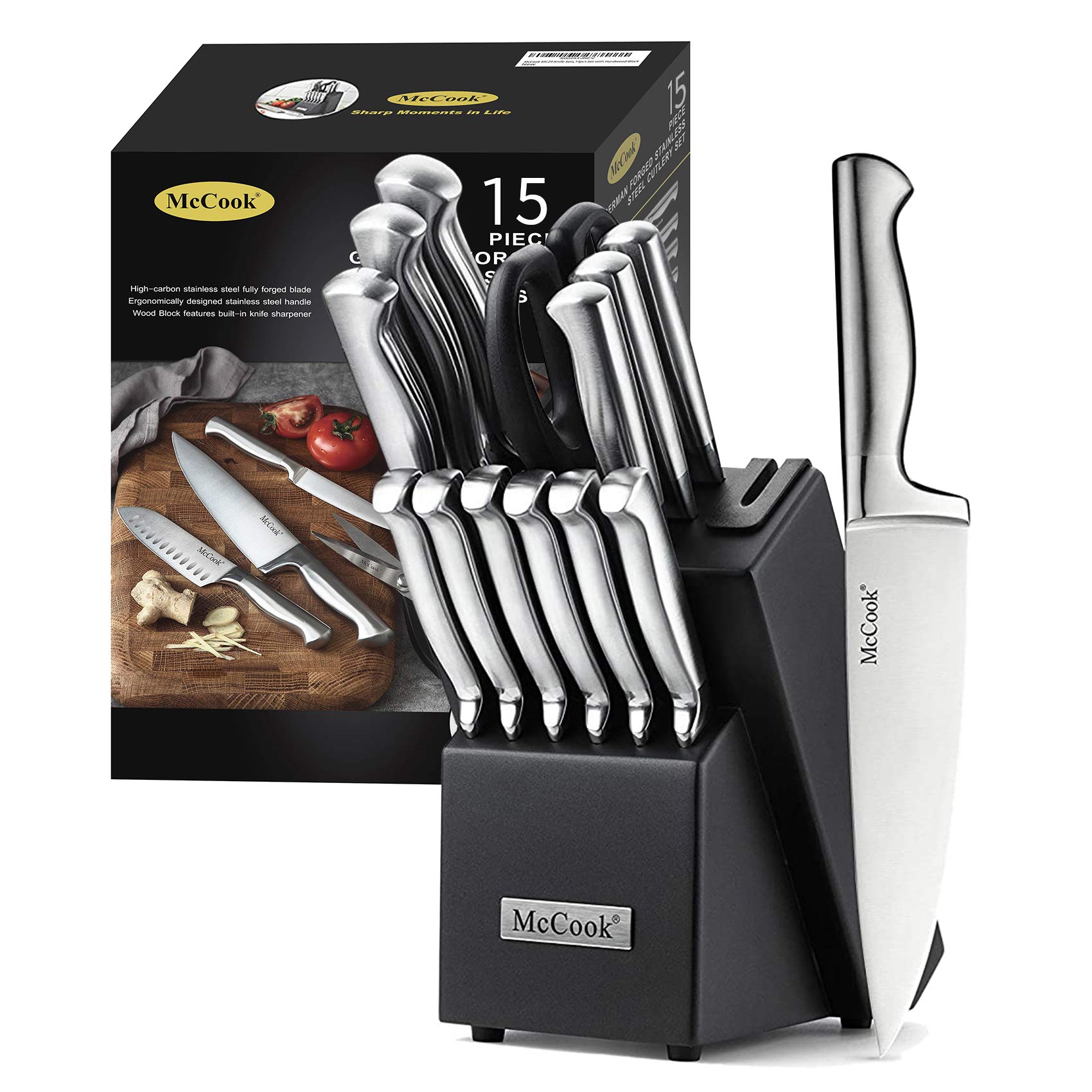 McCook knife set in wooden block with built-in sharpener for easy maintenance