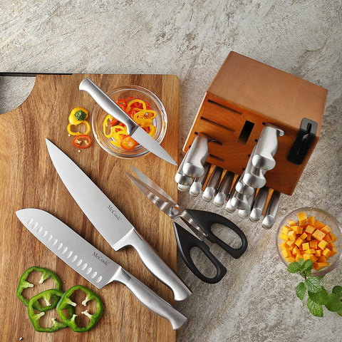 McCook wooden block with built-in sharpener for convenient edge maintenance.