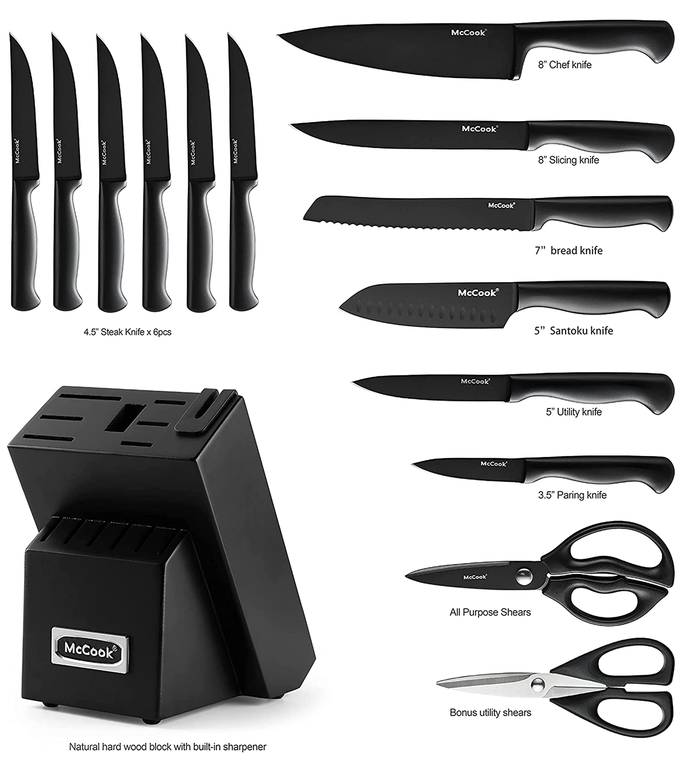 McCook 15-piece knife set shown with comprehensive kitchen task coverage