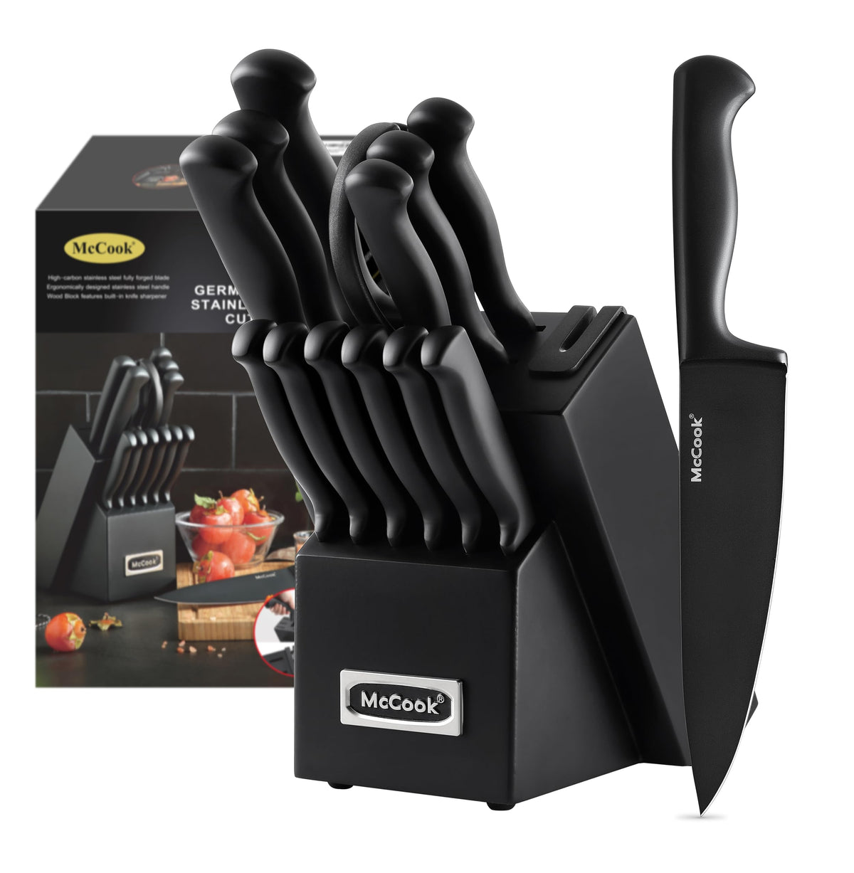 McCook knife set with built-in sharpener in black block for easy maintenance