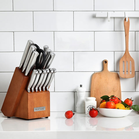 McCook natural rubberwood block keeps blades organized and clean.